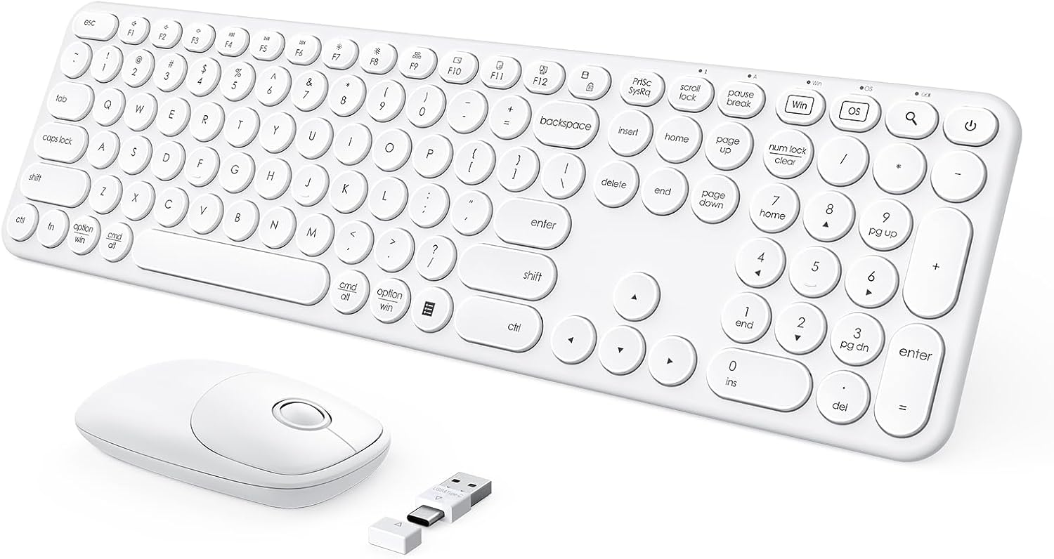 Wireless Keyboard and Mouse, USB & Type C 2-in-1 Receiver, SK73-3 Full Size White Wireless Keyboard Mouse Combo, Compatible for , , Laptop, Desktop, PC - White