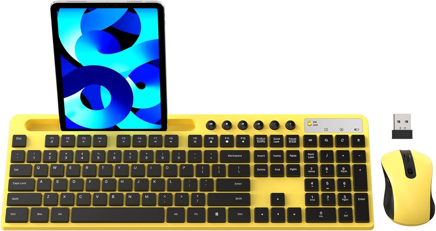 Wireless Keyboard and Mouse Combo, 2.4G Ergonomic Wireless Computer Keyboard with Phone Tablet Holder, Silent Mouse with 6 Button, (Yellow)