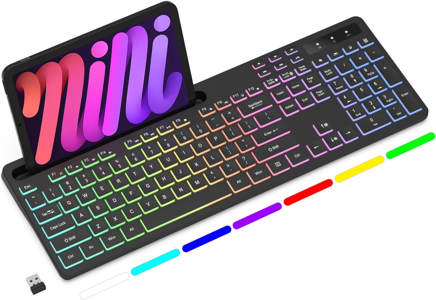 Wireless Keyboard with 7-Color RGB Backlit, Full-Size Computer Keyboard with Phone Tablet Holder, 2.4G Rechargeable Gaming Keyboard with Light Up Keys, Compatible with , (Black)