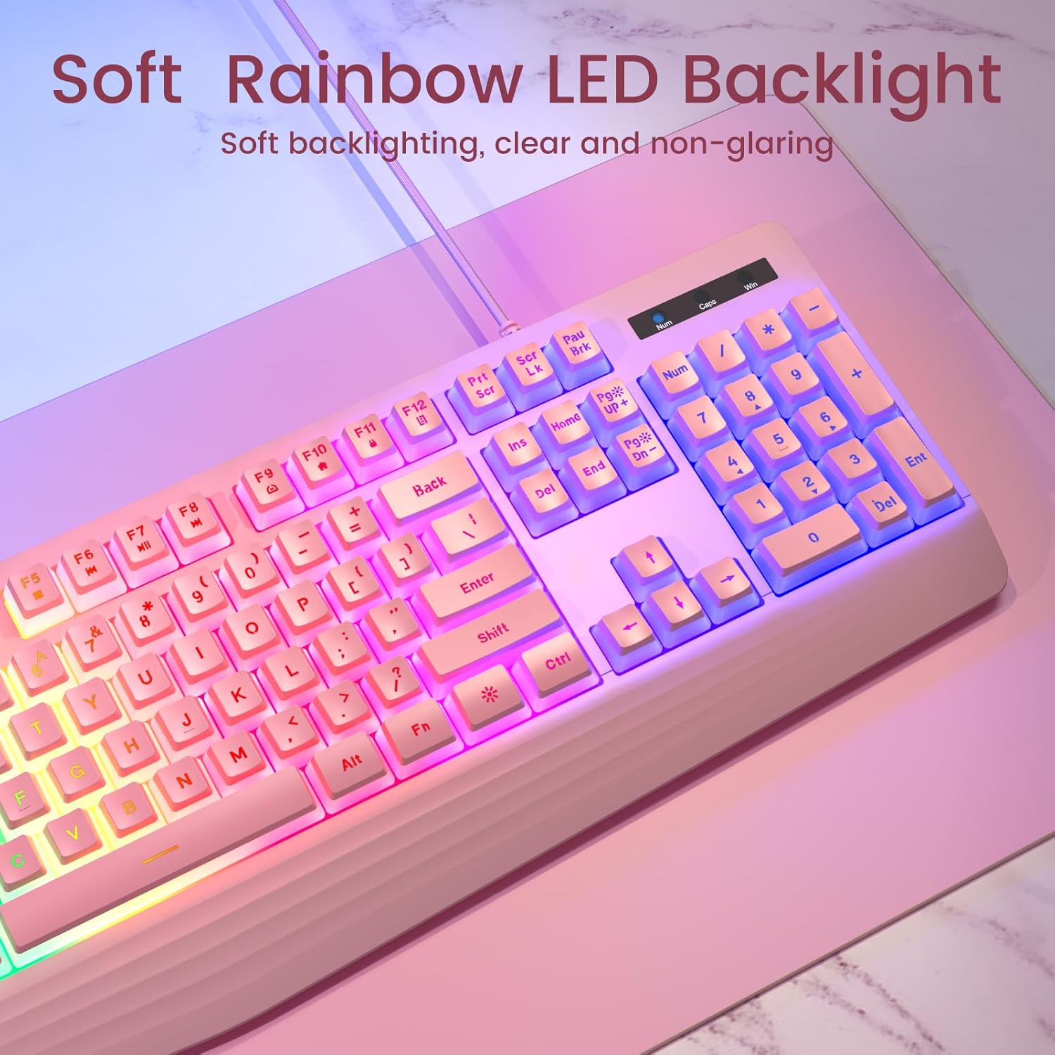 Pink Creamy Keyboard, Rainbow LED Backlit, 104 Keys Silent Light Up Gaming Keyboard with Wrist Rest, PBT Keycap, Anti-ghosting, Waterproof USB Wired Computer Keyboard for PC Xbox - Image 2